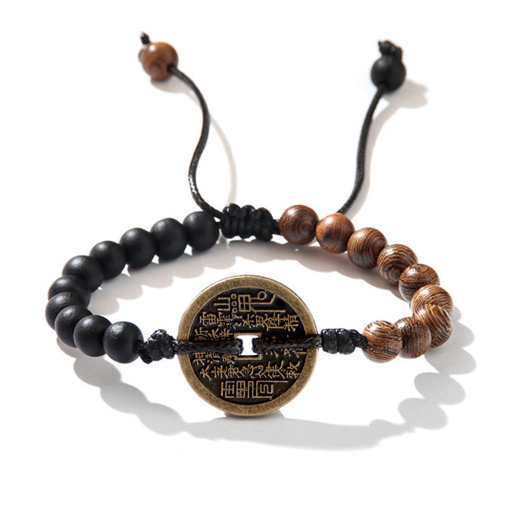 Buddha Stones hebanowe Drewno wenge Duchy górskie Wydaj pieniądze Bagua Miedziana moneta Bransoletka pokoju