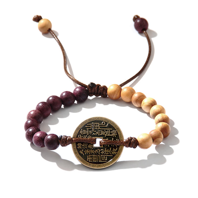 Buddha Stones hebanowe Drewno wenge Duchy górskie Wydaj pieniądze Bagua Miedziana moneta Bransoletka pokoju