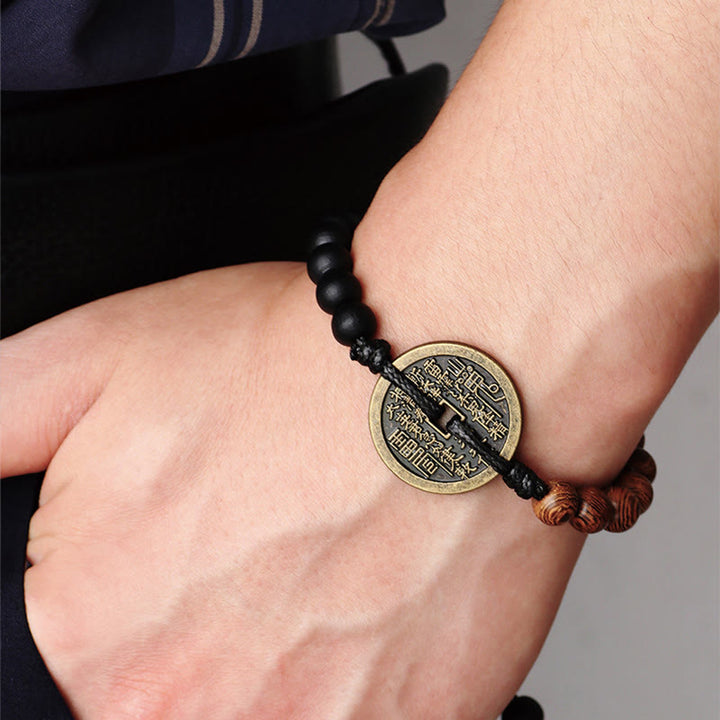 Buddha Stones hebanowe Drewno wenge Duchy górskie Wydaj pieniądze Bagua Miedziana moneta Bransoletka pokoju