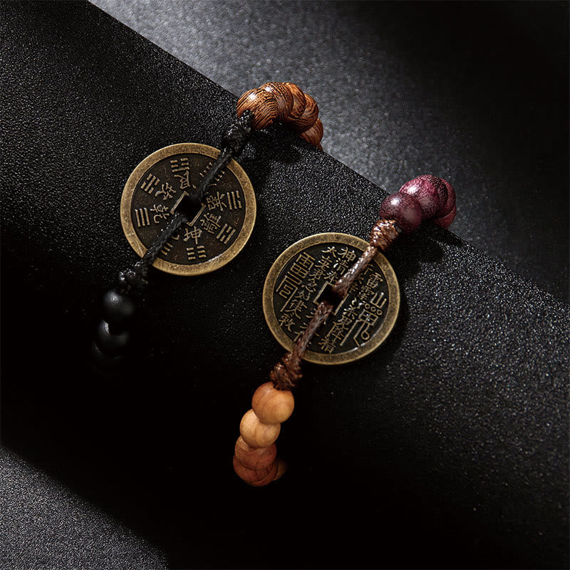 Buddha Stones hebanowe Drewno wenge Duchy górskie Wydaj pieniądze Bagua Miedziana moneta Bransoletka pokoju