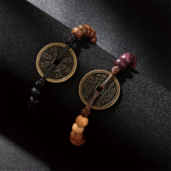 Buddha Stones hebanowe Drewno wenge Duchy górskie Wydaj pieniądze Bagua Miedziana moneta Bransoletka pokoju