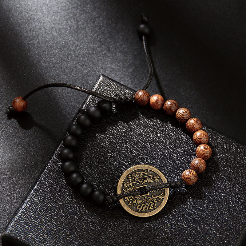 Buddha Stones hebanowe Drewno wenge Duchy górskie Wydaj pieniądze Bagua Miedziana moneta Bransoletka pokoju