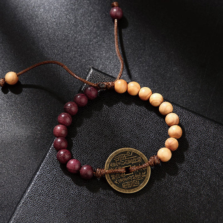 Buddha Stones hebanowe Drewno wenge Duchy górskie Wydaj pieniądze Bagua Miedziana moneta Bransoletka pokoju