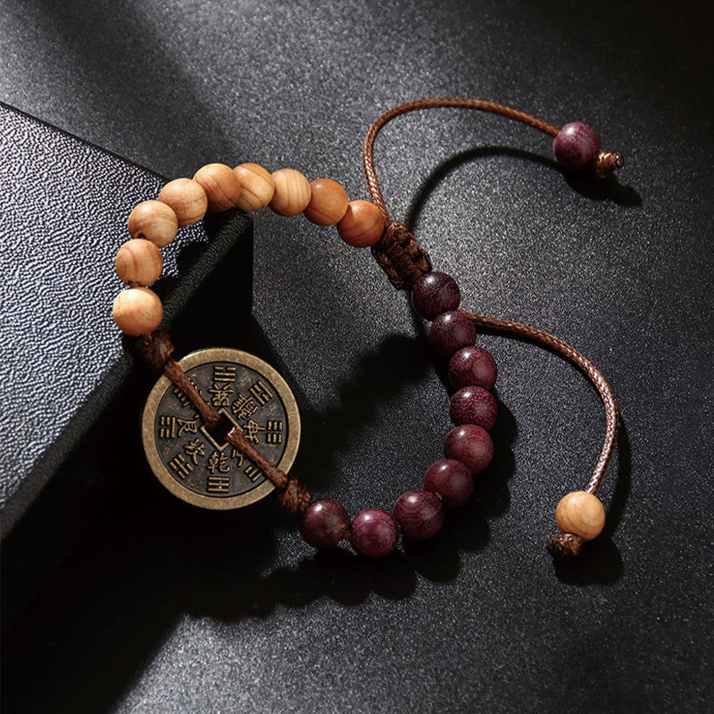 Buddha Stones hebanowe Drewno wenge Duchy górskie Wydaj pieniądze Bagua Miedziana moneta Bransoletka pokoju