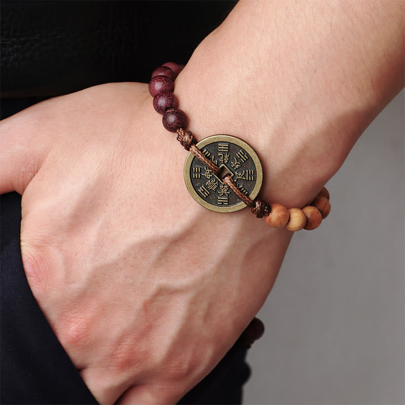 Buddha Stones hebanowe Drewno wenge Duchy górskie Wydaj pieniądze Bagua Miedziana moneta Bransoletka pokoju