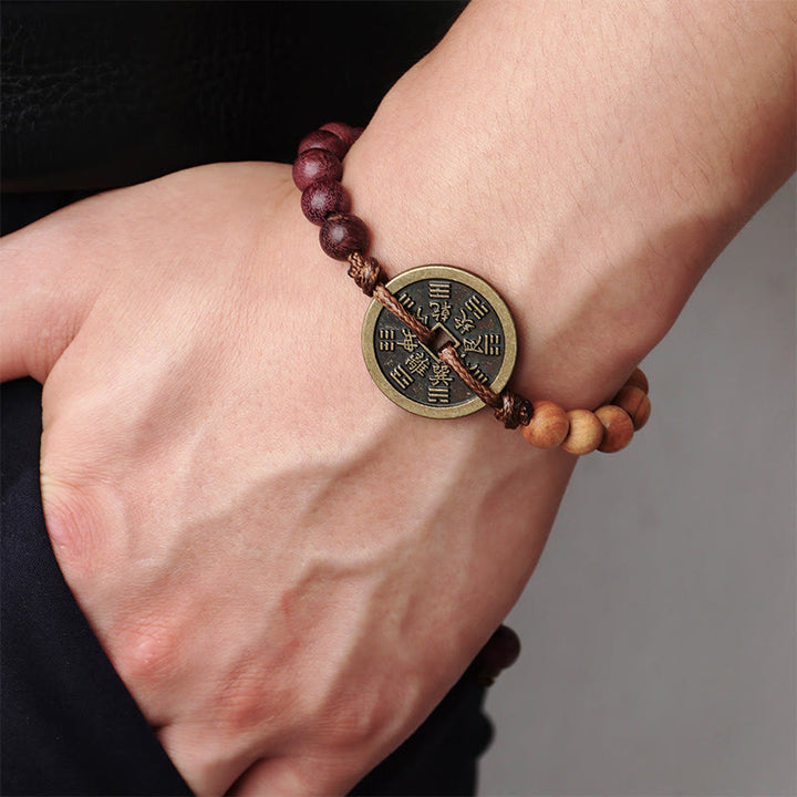 Buddha Stones hebanowe Drewno wenge Duchy górskie Wydaj pieniądze Bagua Miedziana moneta Bransoletka pokoju