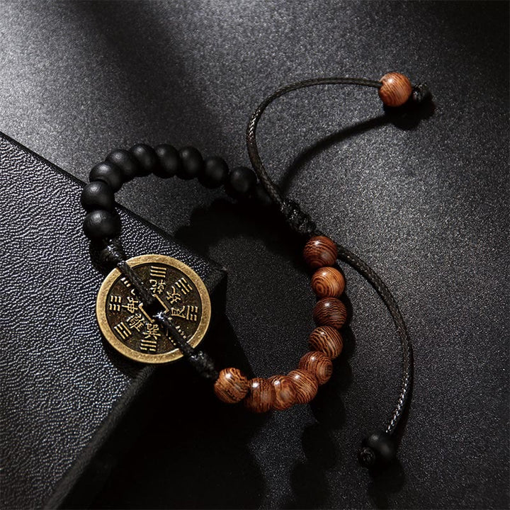 Buddha Stones hebanowe Drewno wenge Duchy górskie Wydaj pieniądze Bagua Miedziana moneta Bransoletka pokoju