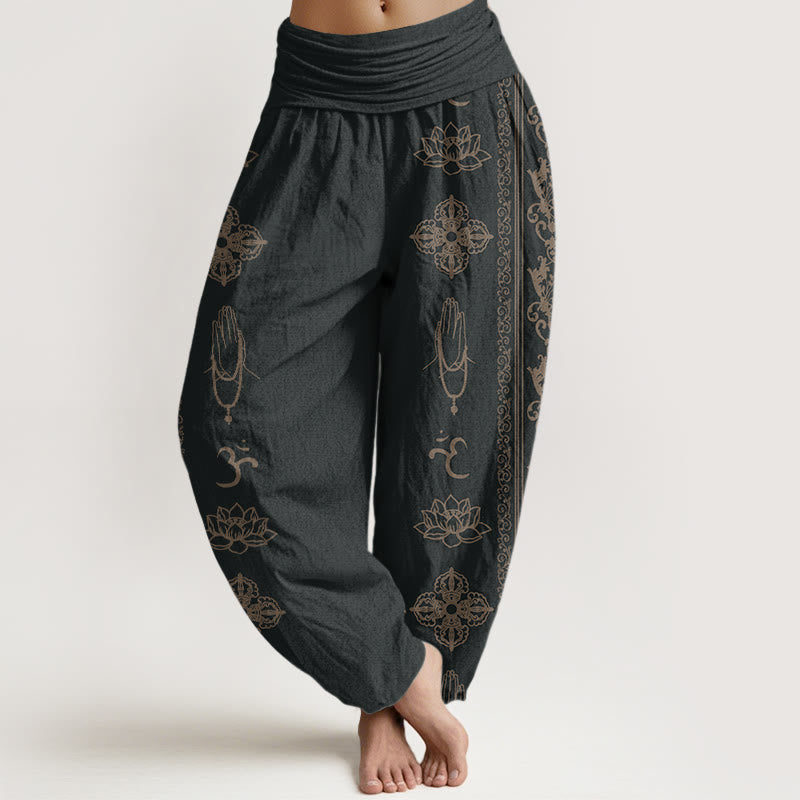 Buddha Stones haremowe damskie z elastyczną talią i bawełnianymi kwiatami lotosu z motywem Dorje Vajra Namaste Om - Czarny - US22, UK/AU26, EU54 (6XL) - image 0