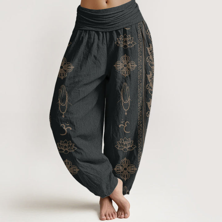 Buddha Stones haremowe damskie z elastyczną talią i bawełnianymi kwiatami lotosu z motywem Dorje Vajra Namaste Om - Czarny - US22, UK/AU26, EU54 (6XL) - image 0