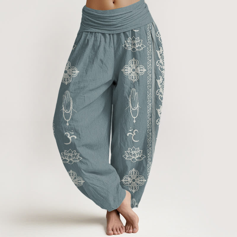 Buddha Stones, kwiaty lotosu, podwójne Dorje Vajra Namaste Om Design, damskie spodnie haremowe z elastyczną talią - CadetBlue - US22, UK/AU26, EU54 (6XL) - image 5
