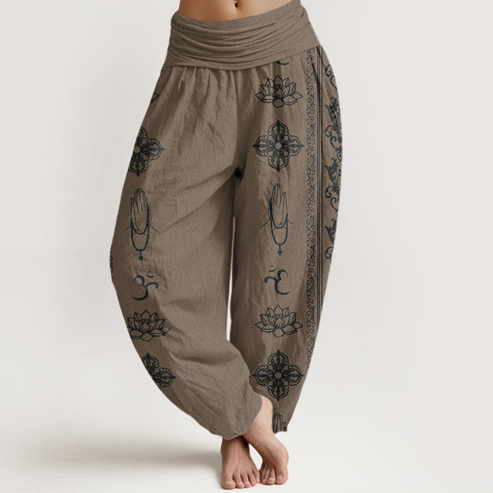 Buddha Stones, kwiaty lotosu, podwójne Dorje Vajra Namaste Om Design, damskie spodnie haremowe z elastyczną talią - Ciemny Khaki - US22, UK/AU26, EU54 (6XL) - image 8