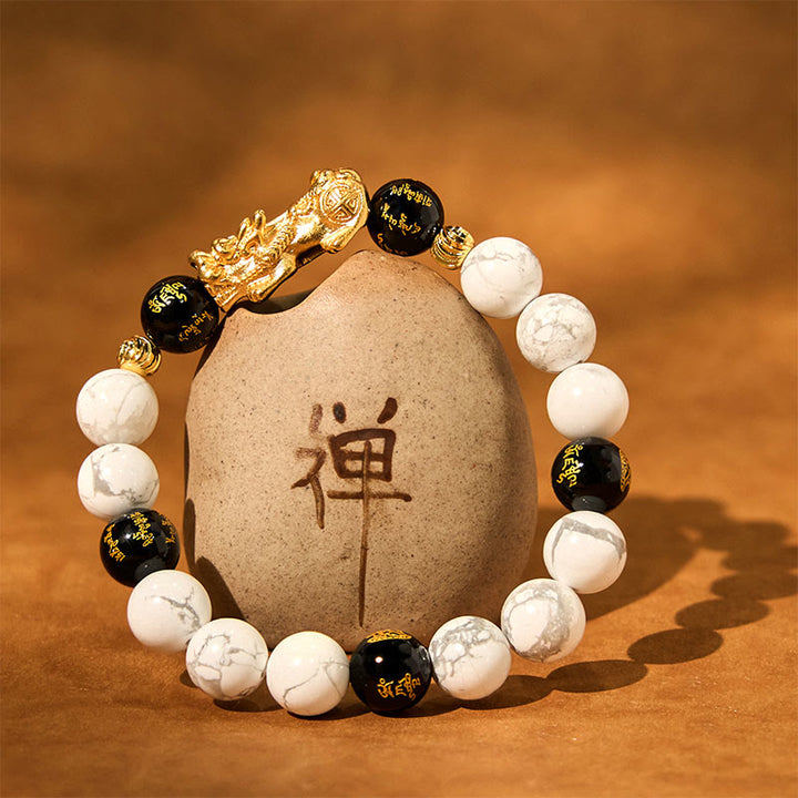Buddha Stones Vintage Biały Turkus Czarny Onyks PiXiu Koraliki Błogosławieństwo Bransoletka
