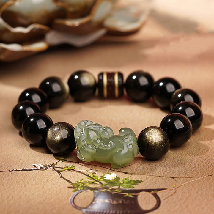 Buddha Stones Naturalny Złoty Połysk Obsydian Hetian Cyjan Jadeit Biały Jadeit Bransoletka PiXiu Wealth