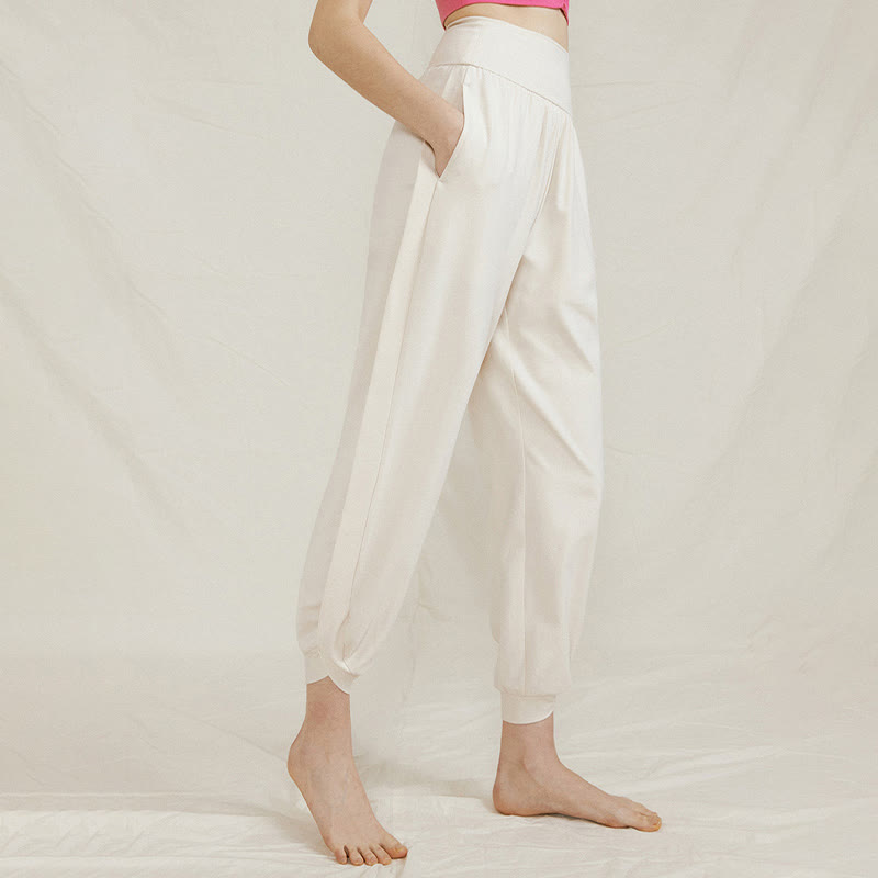 Buddha Stones Casual Plain High Waist Side Fold Quick Drying Damskie Spodnie Bawełniane Z Kieszeniami - Kość słoniowa - US4, UK/AU8, EU36 (L) - image 1