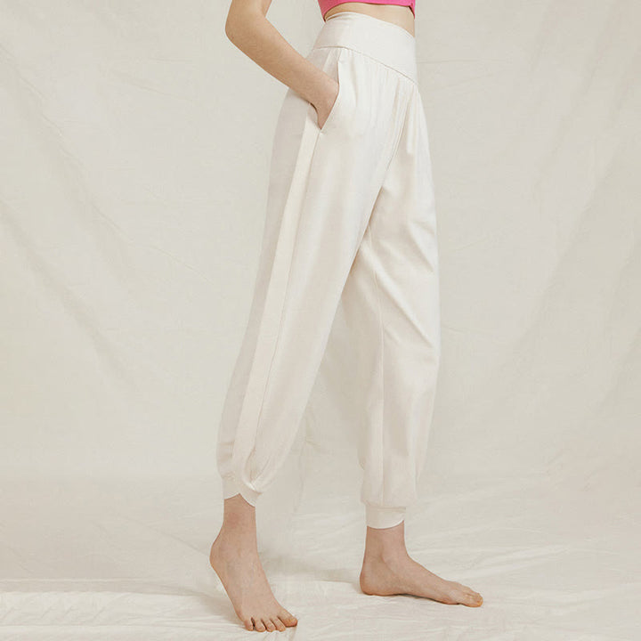 Buddha Stones Casual Plain High Waist Side Fold Quick Drying Damskie Spodnie Bawełniane Z Kieszeniami - Kość słoniowa - US4, UK/AU8, EU36 (L) - image 0