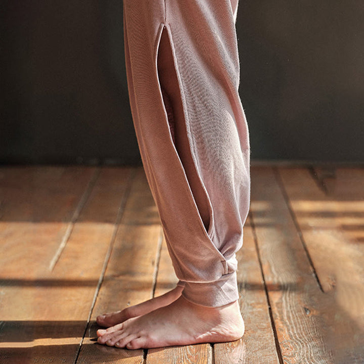 Spodnie damskie z elastycznej tkaniny Buddha Stones Casual Plain Threaded Slit Hem z kieszeniami - image 6