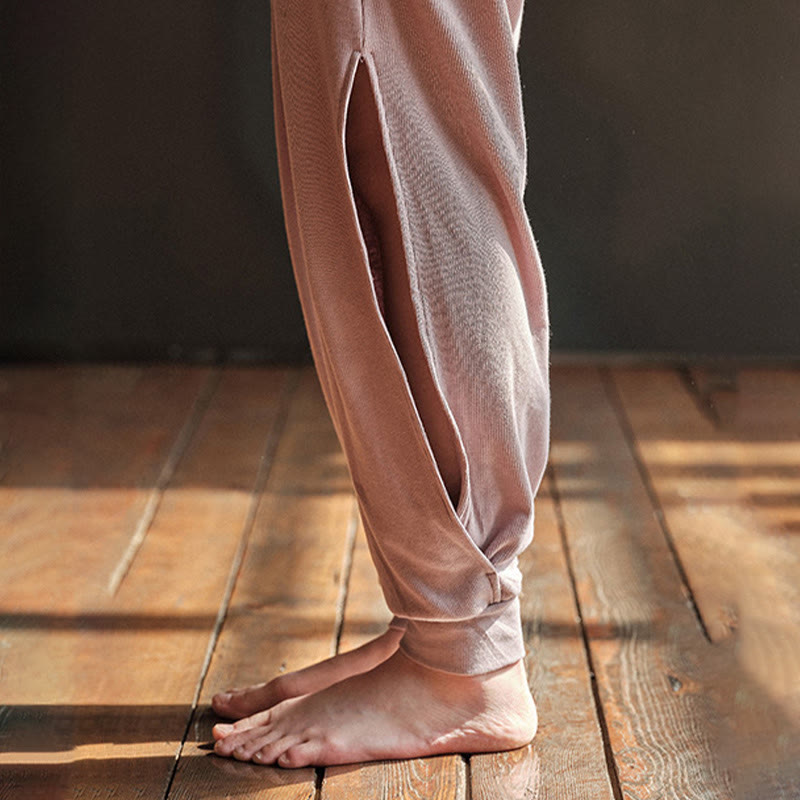 Spodnie damskie z elastycznej tkaniny Buddha Stones Casual Plain Threaded Slit Hem z kieszeniami - image 6