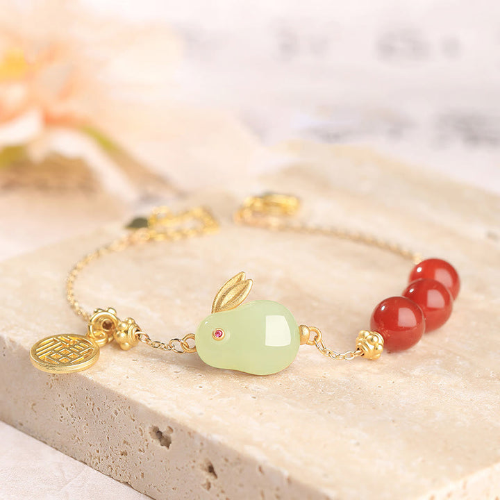Buddha Stones Czerwony Agat Koraliki Hetian Jade Królik Fu Charakter Szczęścia Klamra Bransoletka Łańcuszkowa