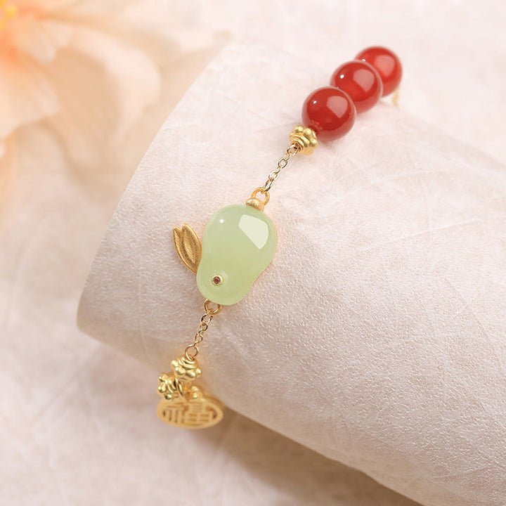 Buddha Stones Czerwony Agat Koraliki Hetian Jade Królik Fu Charakter Szczęścia Klamra Bransoletka Łańcuszkowa