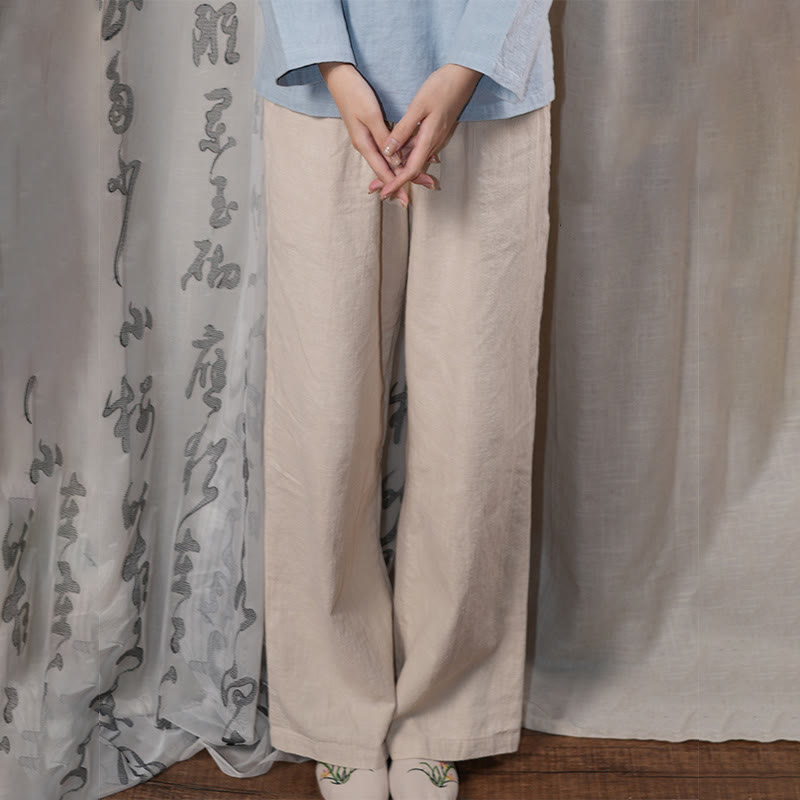 Spodnie damskie z szerokimi nogawkami Buddha Stones Casual Plain Loose Straight Leg z kieszeniami i bawełną ramia