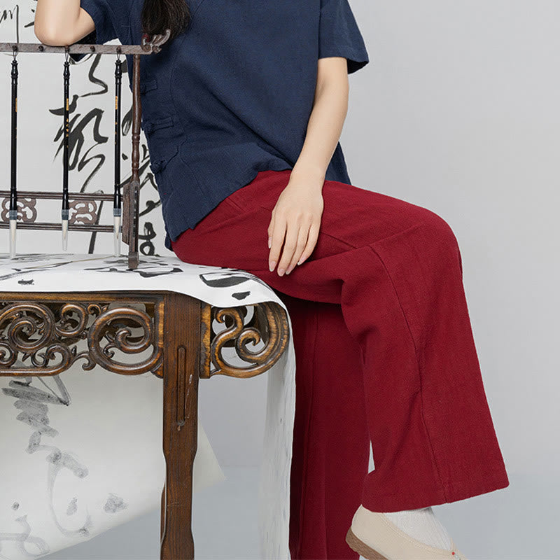 Spodnie damskie z szerokimi nogawkami Buddha Stones Casual Plain Loose Straight Leg z kieszeniami i bawełną ramia