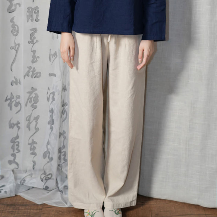 Spodnie damskie z szerokimi nogawkami Buddha Stones Casual Plain Loose Straight Leg z kieszeniami i bawełną ramia