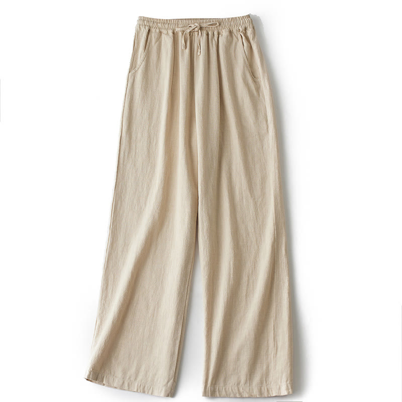 Spodnie damskie z szerokimi nogawkami Buddha Stones Casual Plain Loose Straight Leg z kieszeniami i bawełną ramia