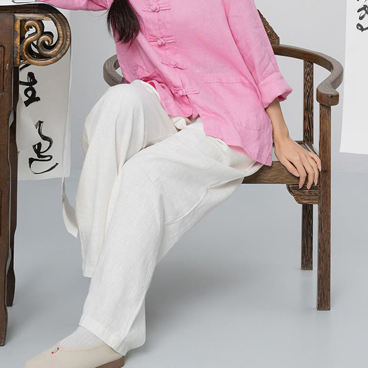 Spodnie damskie z szerokimi nogawkami Buddha Stones Casual Plain Loose Straight Leg z kieszeniami i bawełną ramia