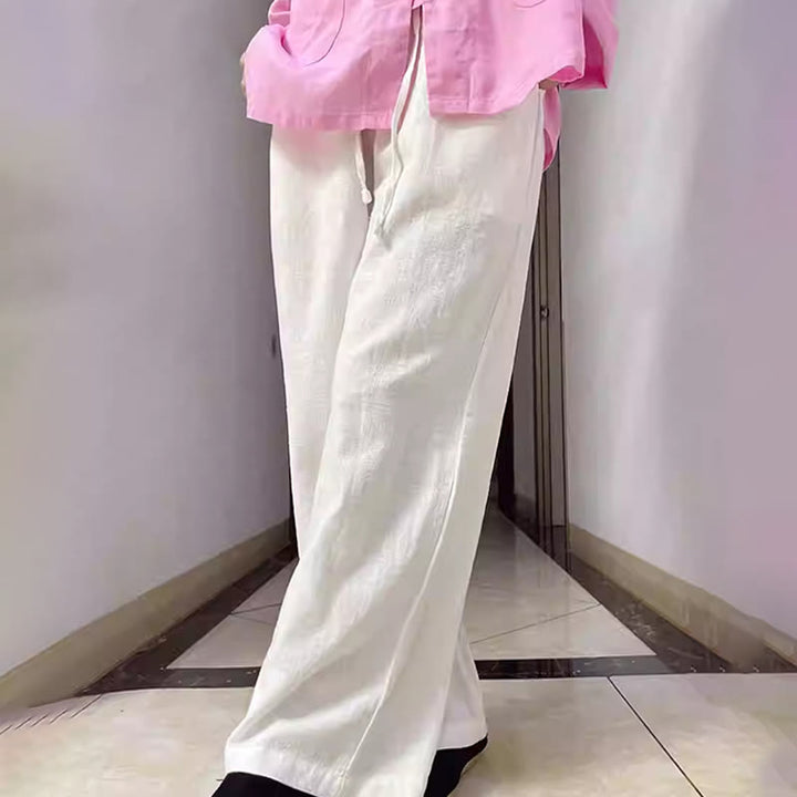 Spodnie damskie z szerokimi nogawkami Buddha Stones Casual Plain Loose Straight Leg z kieszeniami i bawełną ramia