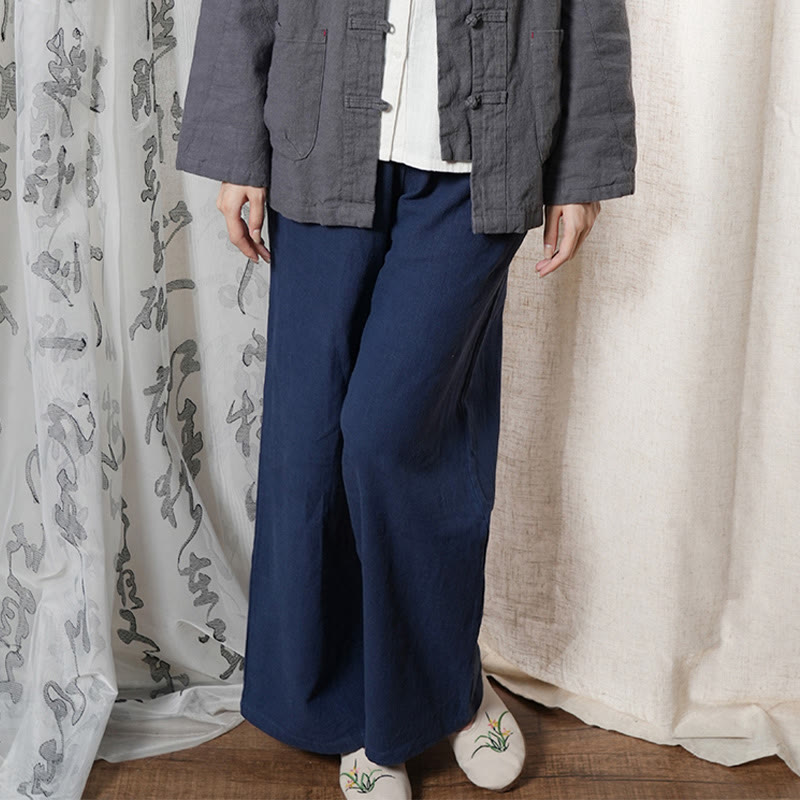 Spodnie damskie z szerokimi nogawkami Buddha Stones Casual Plain Loose Straight Leg z kieszeniami i bawełną ramia