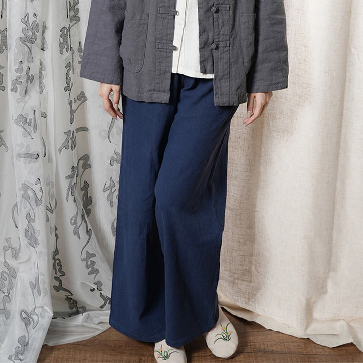 Spodnie damskie z szerokimi nogawkami Buddha Stones Casual Plain Loose Straight Leg z kieszeniami i bawełną ramia