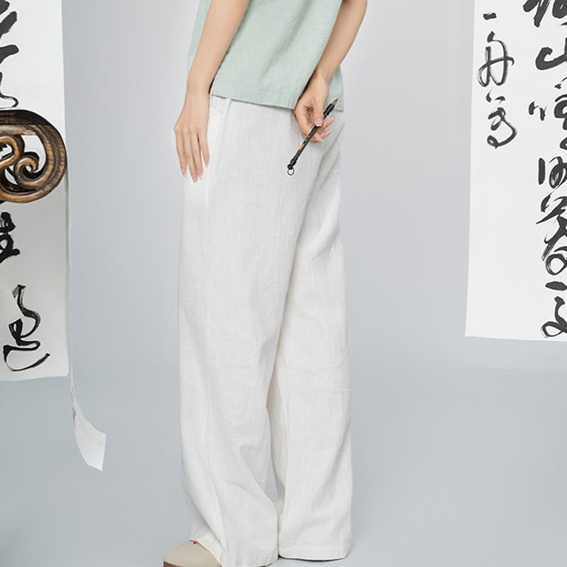 Spodnie damskie z szerokimi nogawkami Buddha Stones Casual Plain Loose Straight Leg z kieszeniami i bawełną ramia