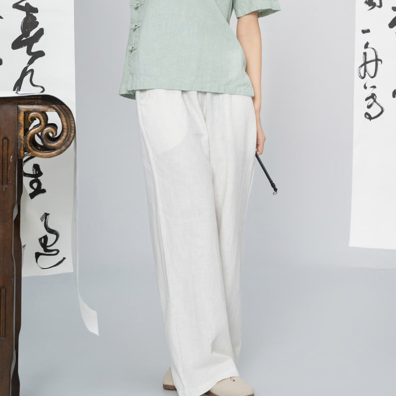 Spodnie damskie z szerokimi nogawkami Buddha Stones Casual Plain Loose Straight Leg z kieszeniami i bawełną ramia