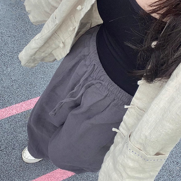 Spodnie damskie z szerokimi nogawkami Buddha Stones Casual Plain Loose Straight Leg z kieszeniami i bawełną ramia