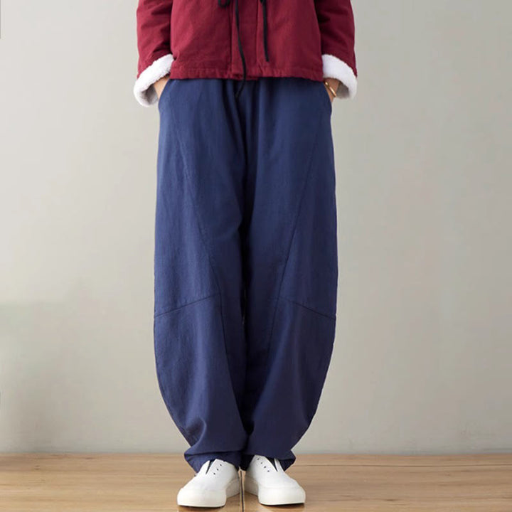 Spodnie damskie z bawełny Buddha Stones Casual Plain Loose z kieszeniami