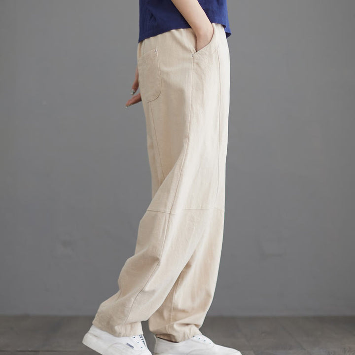 Spodnie damskie z bawełny Buddha Stones Casual Plain Loose z kieszeniami
