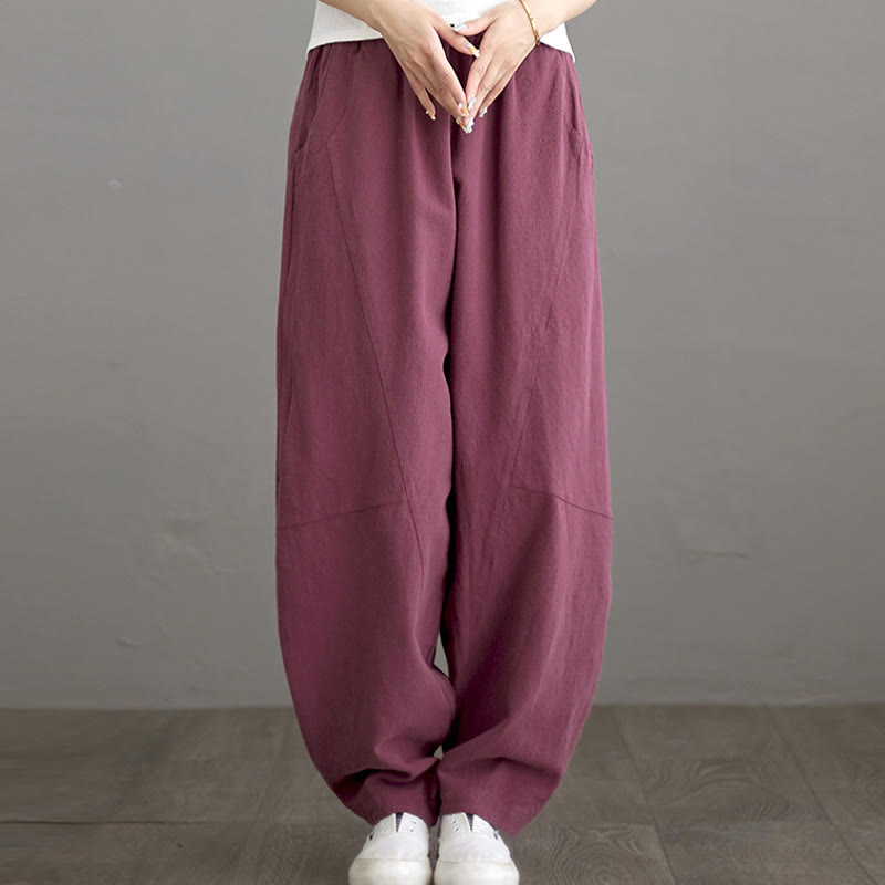 Spodnie damskie z bawełny Buddha Stones Casual Plain Loose z kieszeniami