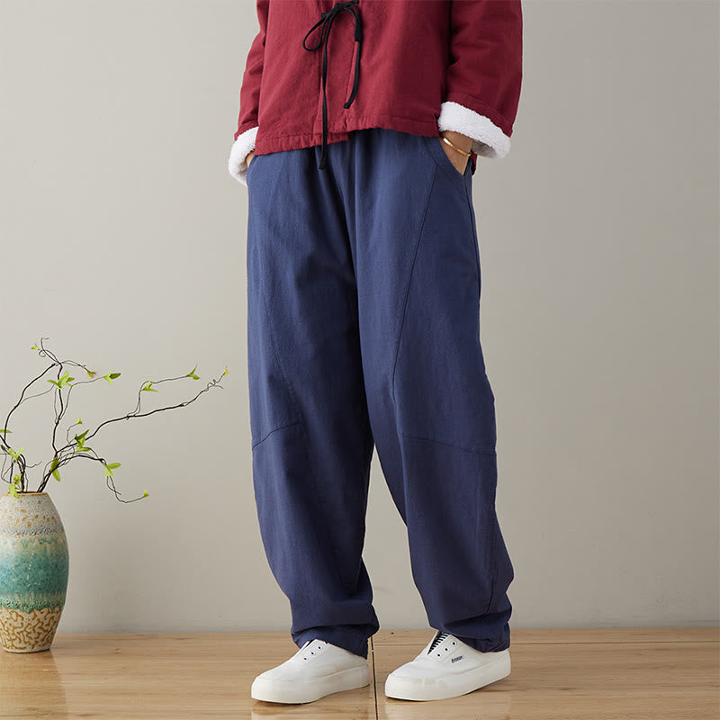 Spodnie damskie z bawełny Buddha Stones Casual Plain Loose z kieszeniami