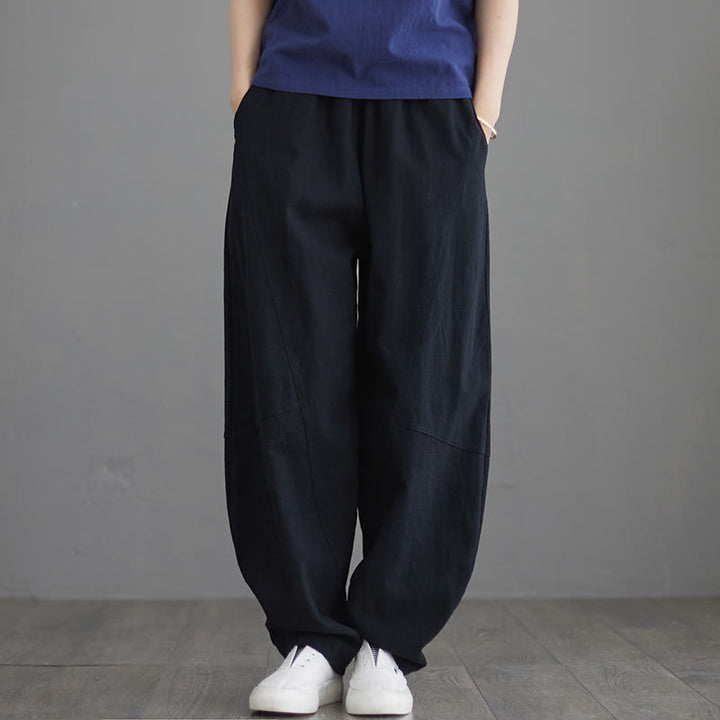 Spodnie damskie z bawełny Buddha Stones Casual Plain Loose z kieszeniami