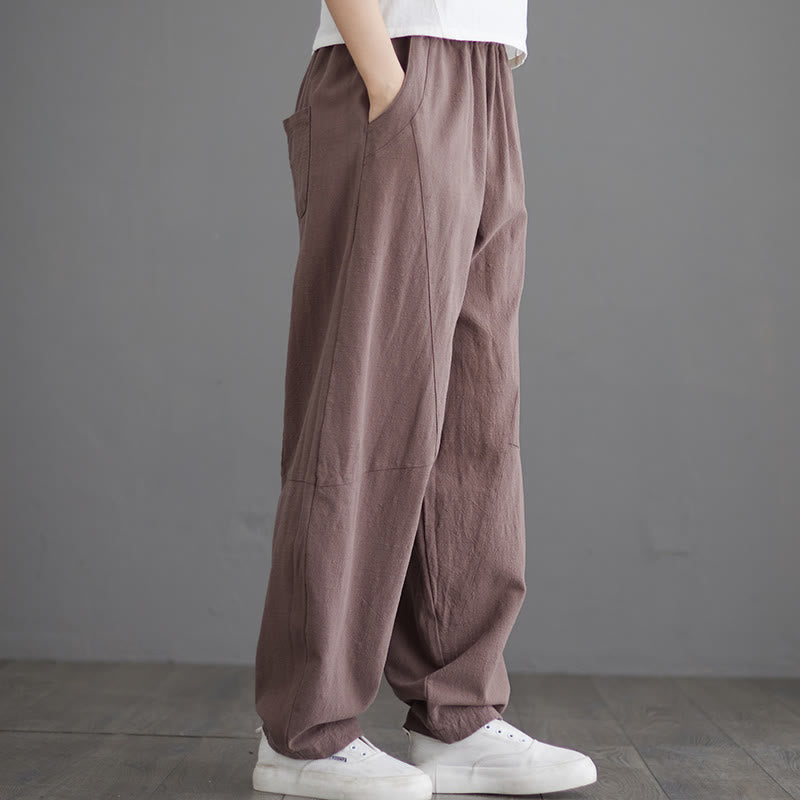 Spodnie damskie z bawełny Buddha Stones Casual Plain Loose z kieszeniami