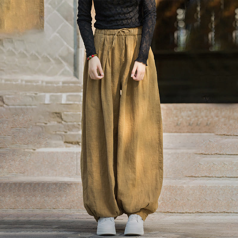 Buddha Stones Luźne Spodnie Damskie Z Ramią Bawełnianą Z Kieszeniami W Pasie Z Luźnym Pasem Wiązanym Sznurkiem