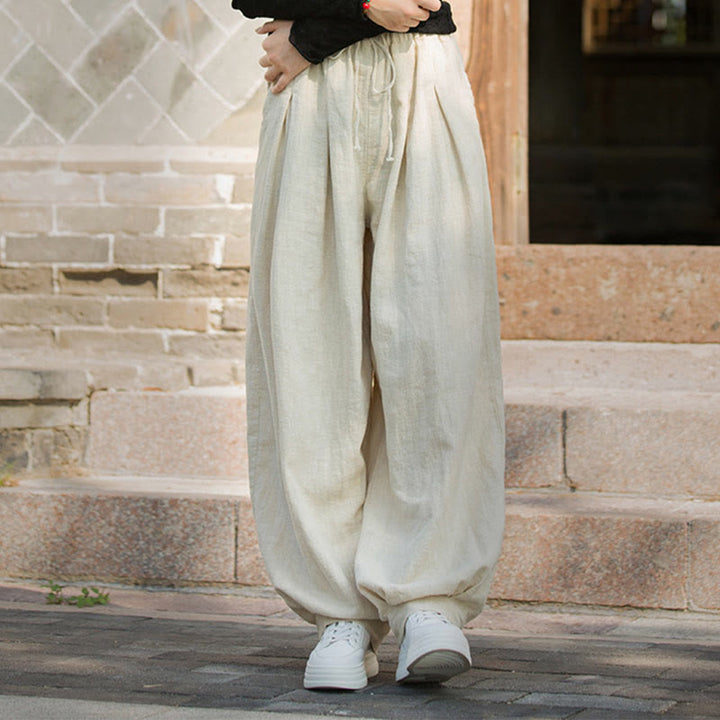 Buddha Stones Luźne Spodnie Damskie Z Ramią Bawełnianą Z Kieszeniami W Pasie Z Luźnym Pasem Wiązanym Sznurkiem
