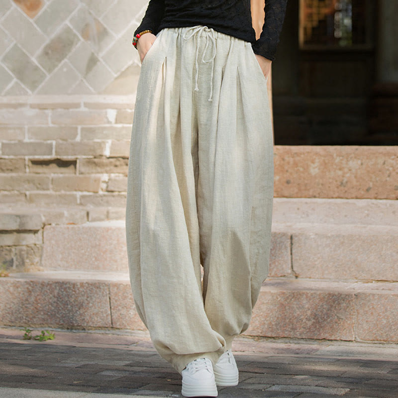 Buddha Stones Luźne Spodnie Damskie Z Ramią Bawełnianą Z Kieszeniami W Pasie Z Luźnym Pasem Wiązanym Sznurkiem