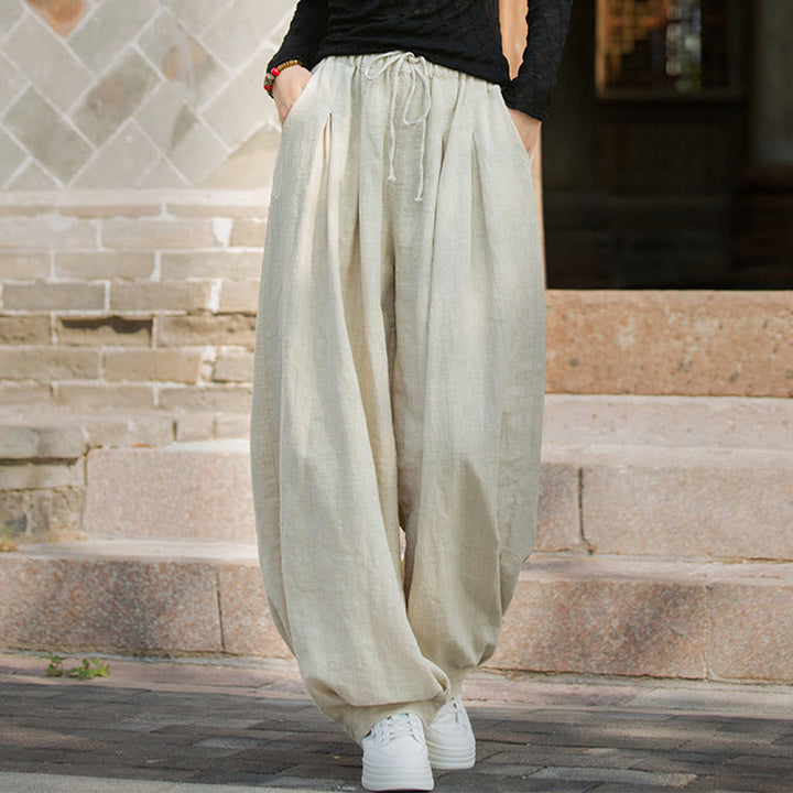 Buddha Stones Luźne Spodnie Damskie Z Ramią Bawełnianą Z Kieszeniami W Pasie Z Luźnym Pasem Wiązanym Sznurkiem