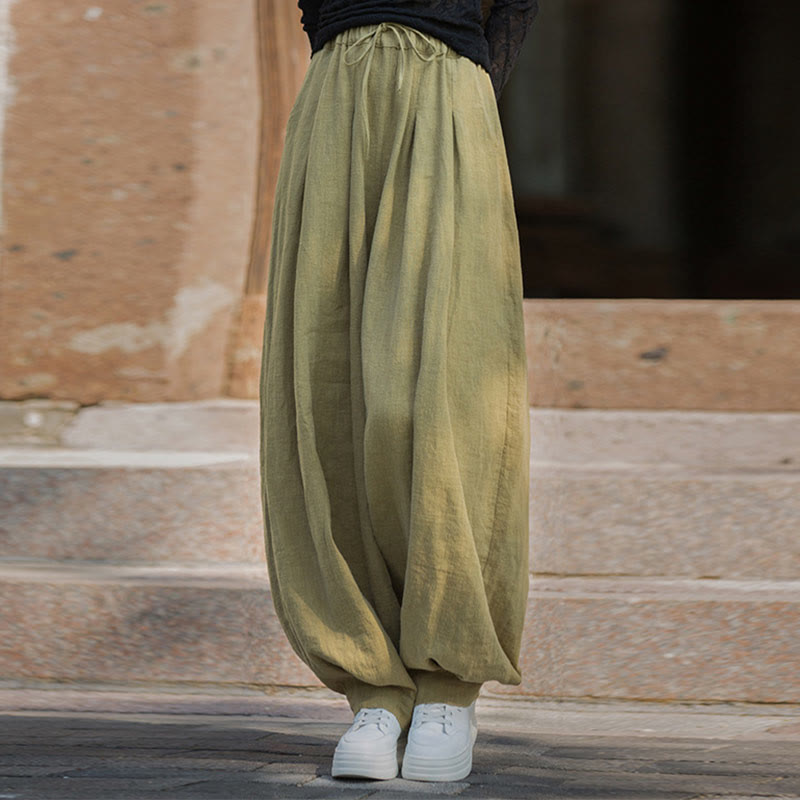 Buddha Stones Luźne Spodnie Damskie Z Ramią Bawełnianą Z Kieszeniami W Pasie Z Luźnym Pasem Wiązanym Sznurkiem