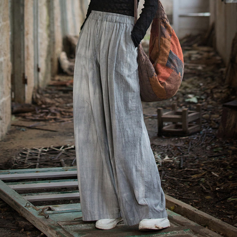 Buddha Stones Luźne, swobodne, gładkie, ręcznie robione, barwione metodą tie-dye, damskie, szerokie spodnie z bawełny ramii z kieszeniami