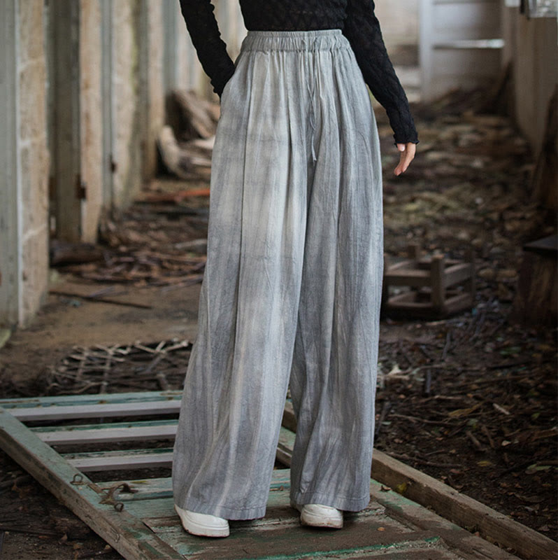 Buddha Stones Luźne, swobodne, gładkie, ręcznie robione, barwione metodą tie-dye, damskie, szerokie spodnie z bawełny ramii z kieszeniami