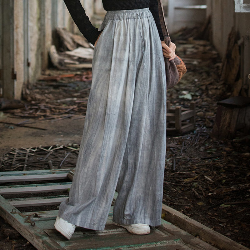 Buddha Stones Luźne, swobodne, gładkie, ręcznie robione, barwione metodą tie-dye, damskie, szerokie spodnie z bawełny ramii z kieszeniami - Ciemnoszary - US4-6, UK/AU8-10, EU36-38 (F) - image 0