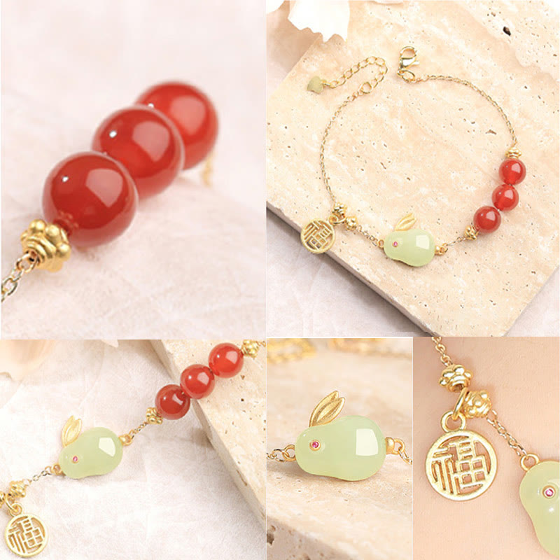 Buddha Stones Czerwony Agat Koraliki Hetian Jade Królik Fu Charakter Szczęścia Klamra Bransoletka Łańcuszkowa