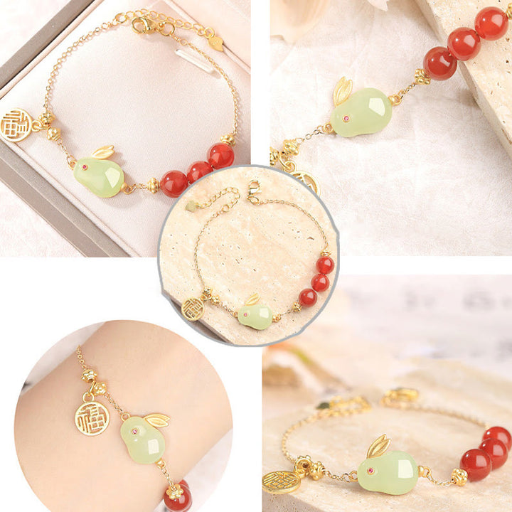 Buddha Stones Czerwony Agat Koraliki Hetian Jade Królik Fu Charakter Szczęścia Klamra Bransoletka Łańcuszkowa